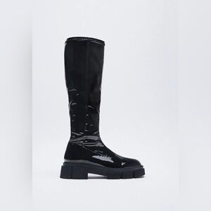 Zara Black Flat Faux Patent Stretch Knee High Boots Women’s Size 9.5 Men’s 8